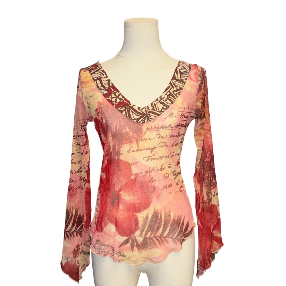 Etam Paris Y2K Mesh Top Script Floral Print Whimsigoth Fairy Grunge